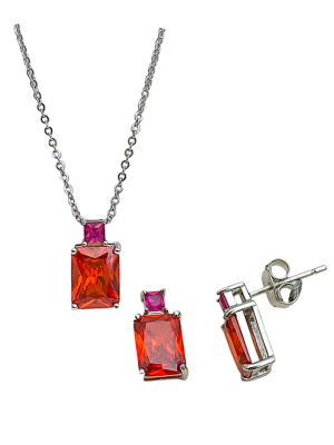 Srebrny komplet z czerwonymi cyrkoniami Verona KP51530, NP51530, kolczyki i naszyjnik