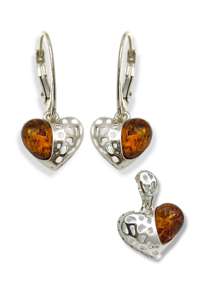 Srebrny komplet zawieszka i kolczyki z bursztynem, angielskie zapięcie