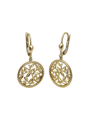 Złote, wiszące kolczyki z motywem gałęzi i liści na angielskim zapięciu pr. 585