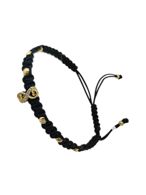 Sznurowana, czarna bransoletka ze złotymi kulkami i znakiem nieskończoności pr.585