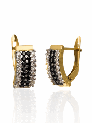 Złote kolczyki z czarnymi kamykami i cyrkoniami na angielskim zapięciu pr.585