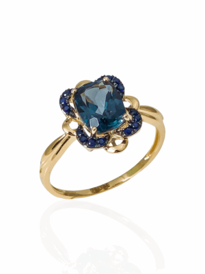 Złoty pierścionek z Topaz London Blue i Szafirami VERONA PZ21215