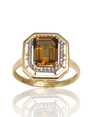 Złoty pierścionek pr.585 z dużym prostokątnym kamieniem i cyrkoniami