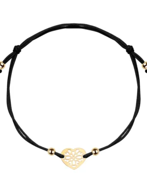 Bransoletka złota na czarnym sznurku - serce BX16517